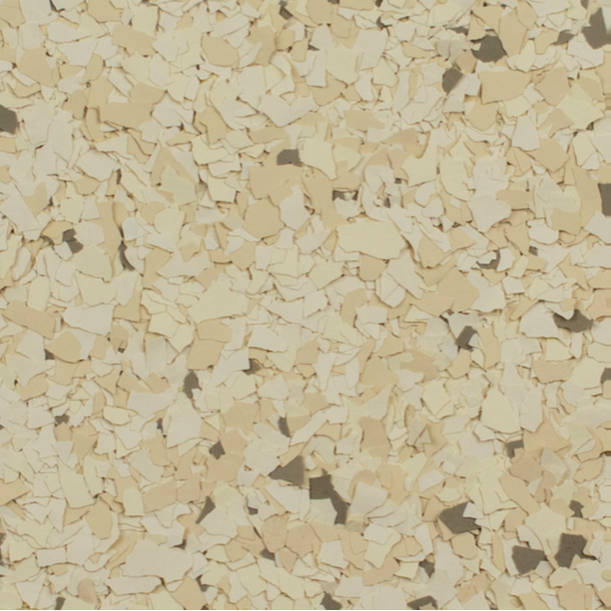 Tan and cream speckled flooring with dark grey accents.