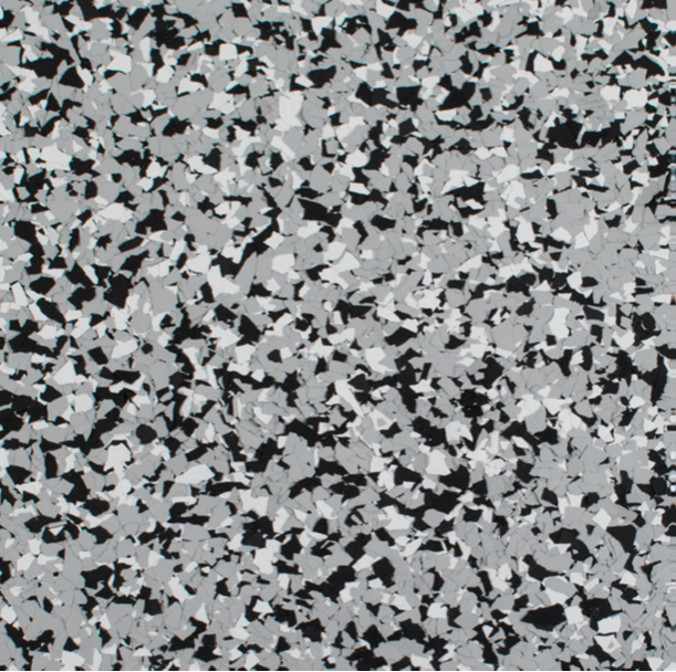 Gray, black, and white speckled floor covering.