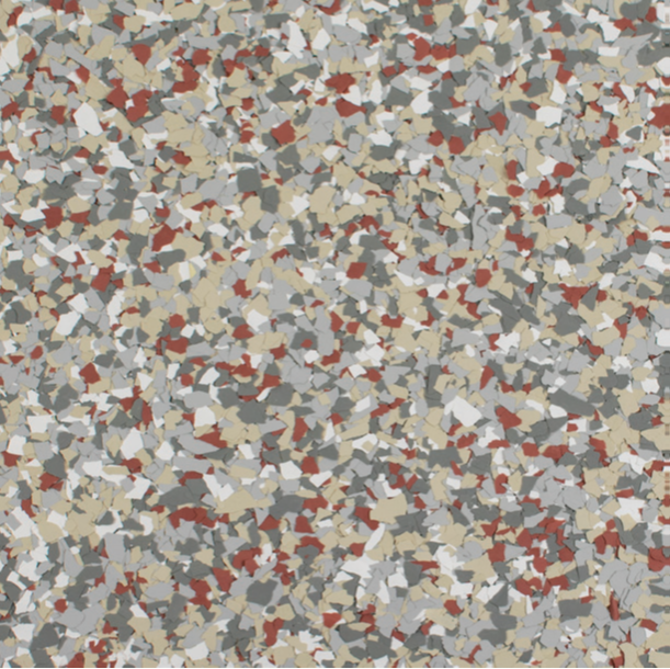 Multicolor speckled flooring in gray, tan, red, and white.