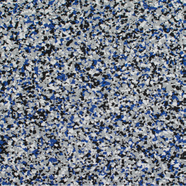 Blue, black, and gray speckled floor coating.