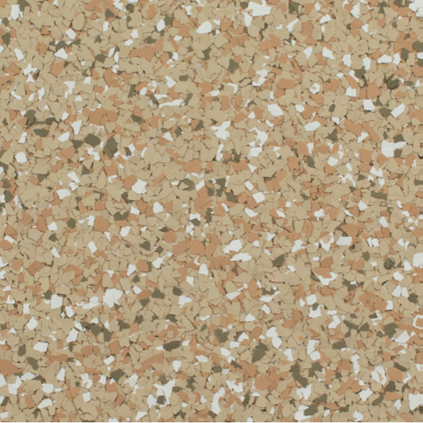 Terrazzo flooring with flecks of white, brown, beige, and dark green.