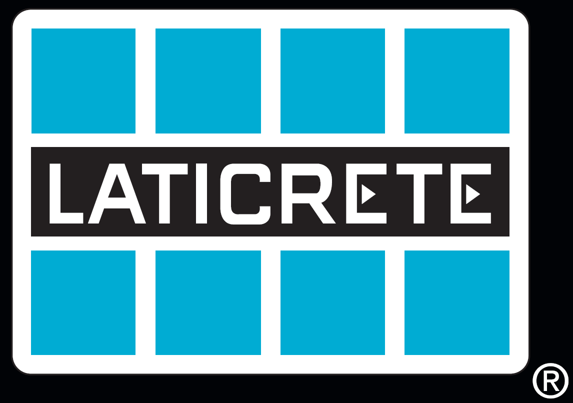 LATICRETE logo with blue squares and white text on a black background.