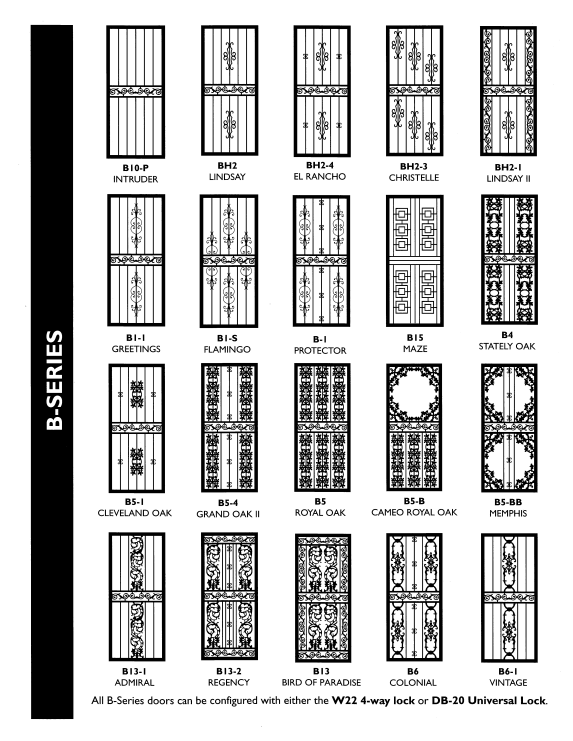 Chart of decorative door and window grille designs labeled “B-Series” on a white background