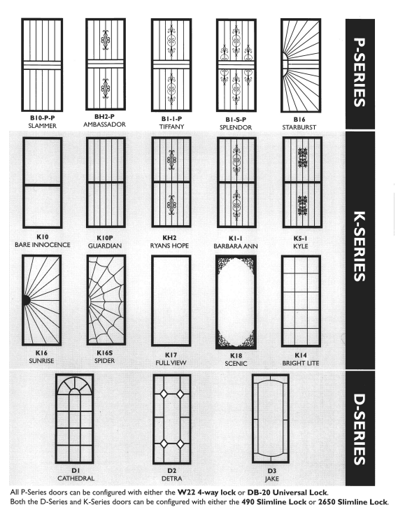 Black-and-white grid of window/door styles labeled P, K, and D series on a product catalog page