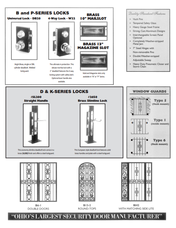 Product catalog page showing lock and window guard hardware diagrams and labeled types.