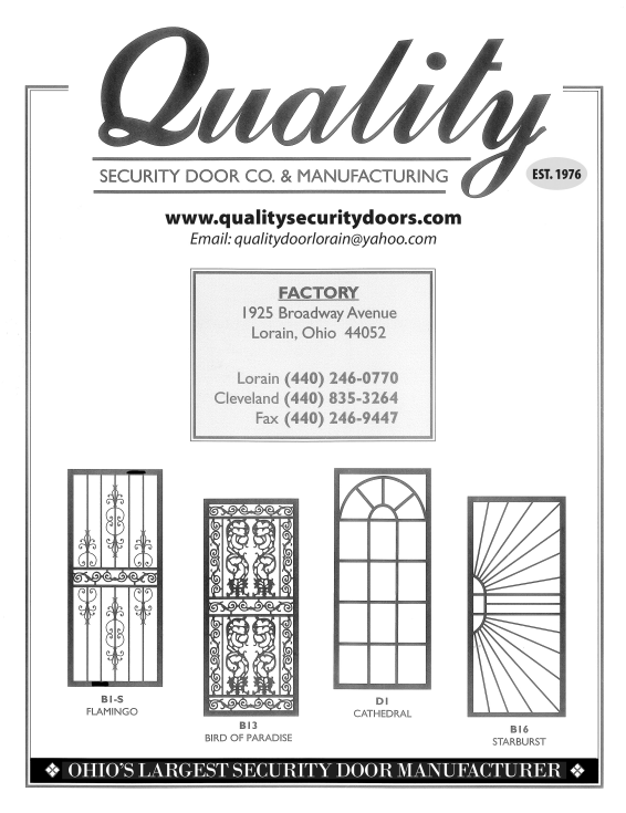 Quality Security Doors and Manufacturing ad with storefront contact details and several decorative metal door designs