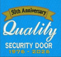 50th Anniversary Quality Security Door logo on blue background, reading 1976–2026