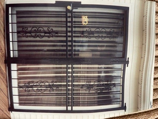 Black metal security gate over a window with horizontal blinds behind it