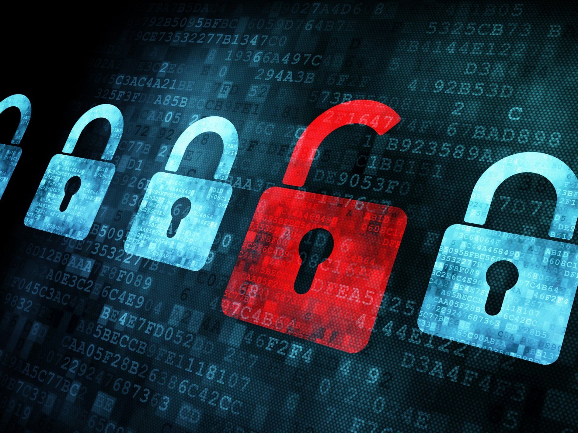 Row of padlocks on a digital background, with one red lock highlighted among blue locks