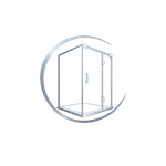 Minimal line-art of a modern glass shower enclosure with a curved gray arc logo.