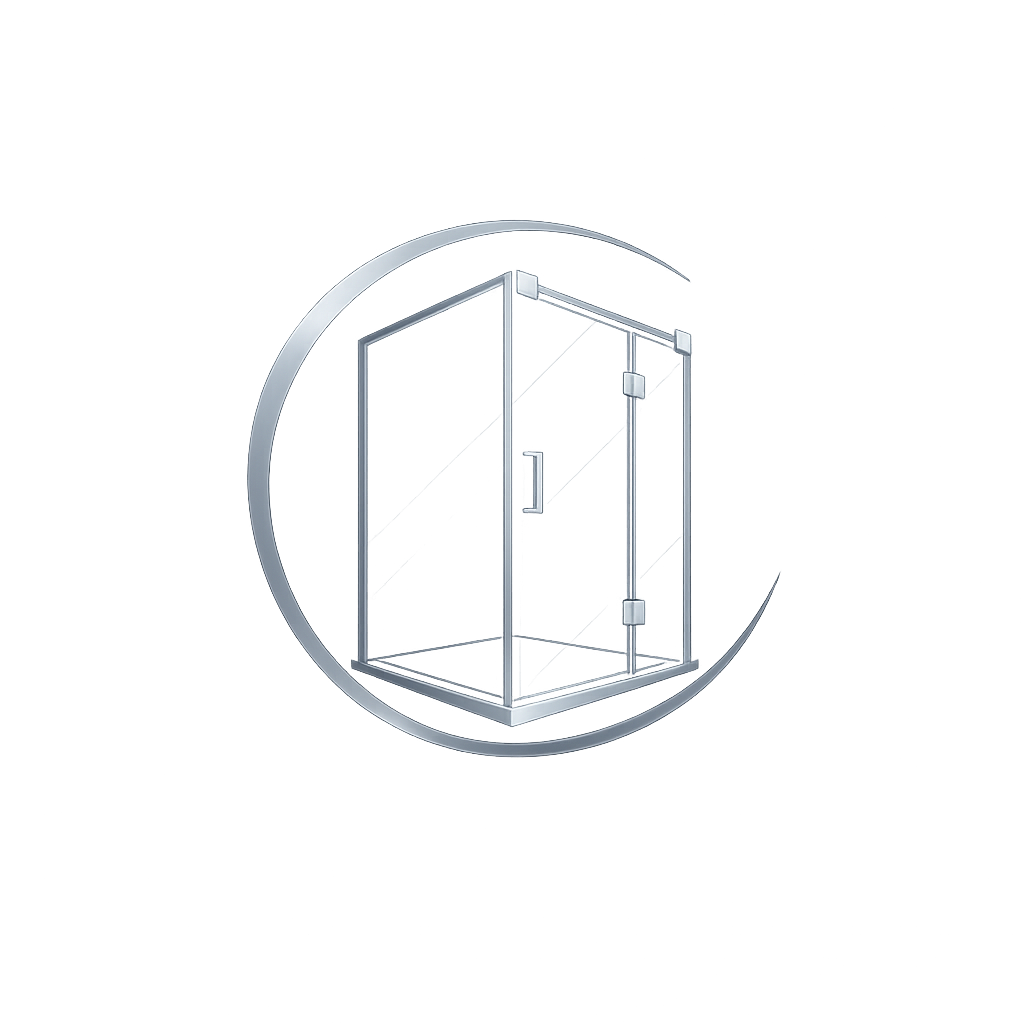 Minimal line drawing of a glass shower stall inside a circular border