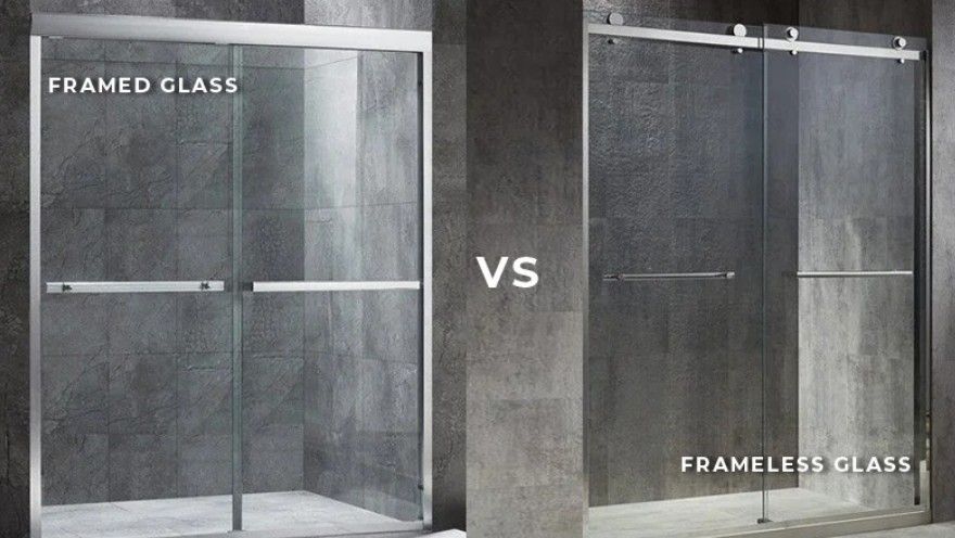 Framed glass and frameless glass shower doors shown side by side with “VS” between them.