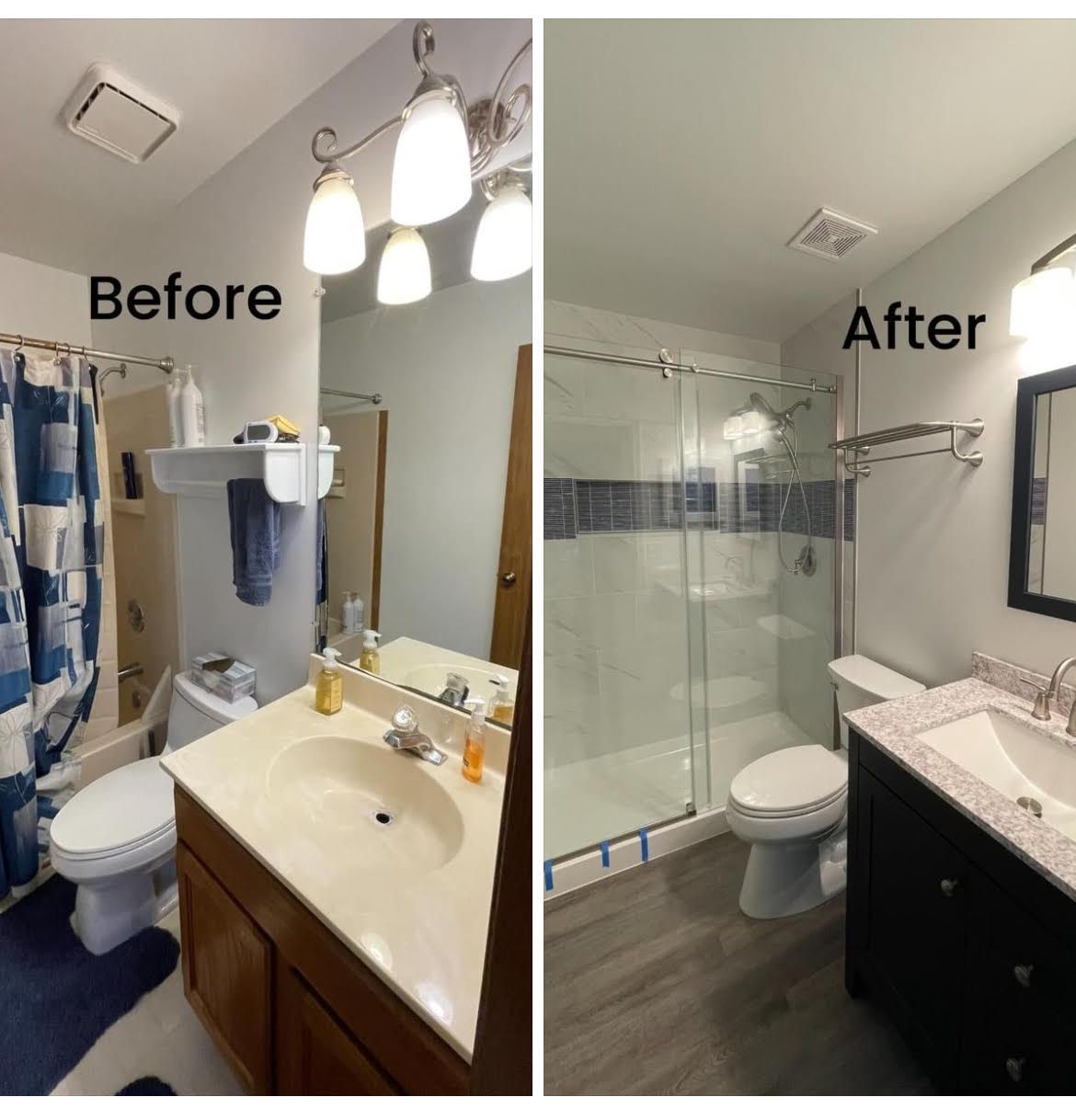 A before and after picture of a bathroom.