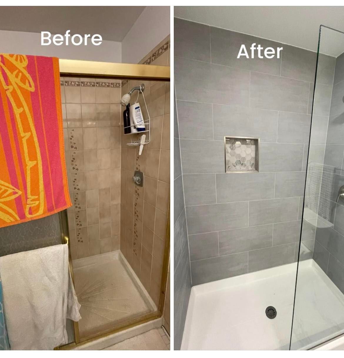 A before and after picture of a shower with a towel hanging on the wall.