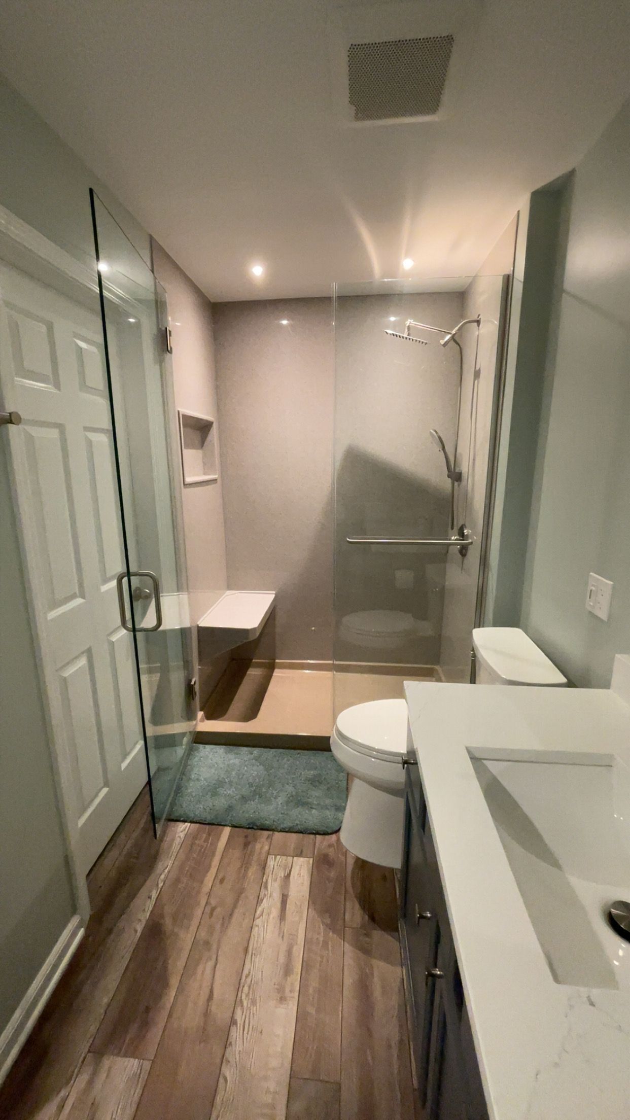 Modern bathroom with glass shower, toilet, and vanity. Features wood-look flooring and light blue walls.