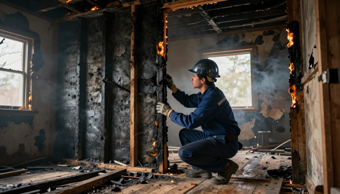 Fire and smoke damage restoration in progress