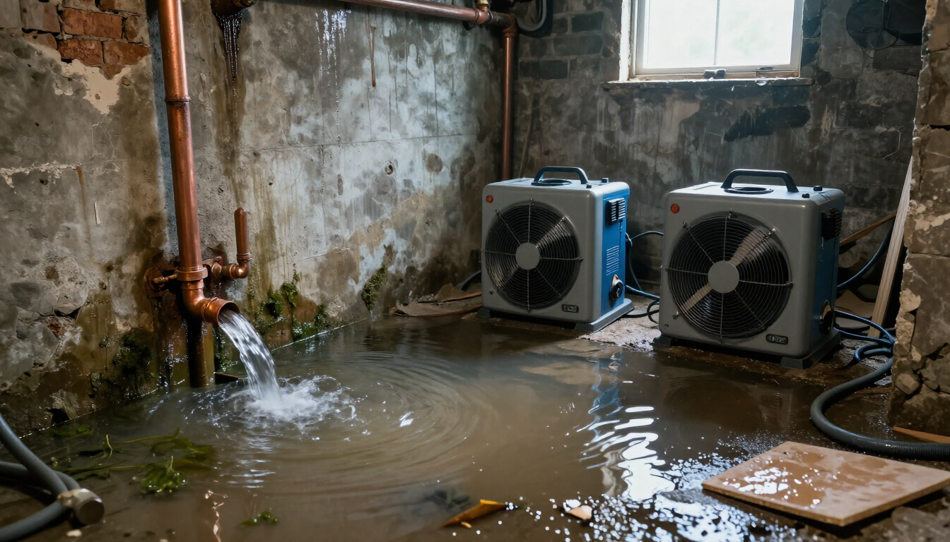 Flooded basement from a burst pipe