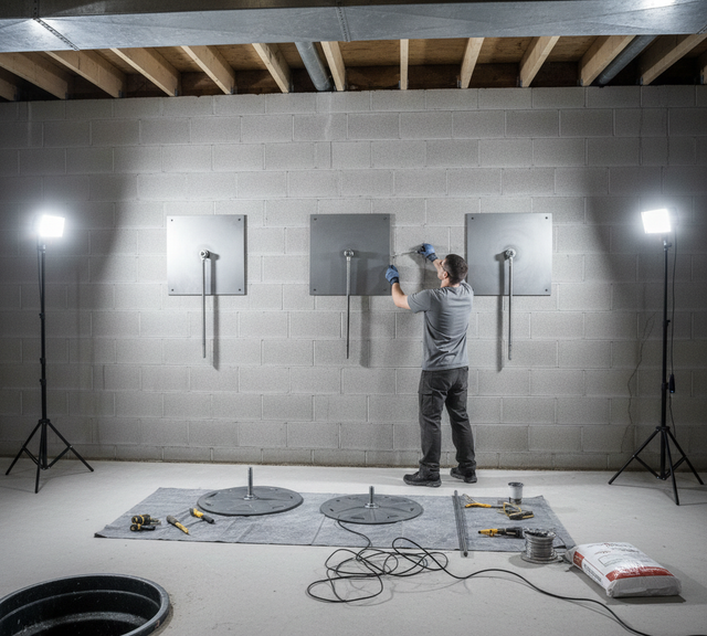 A person installing metal panels on a white brick wall in a basement, lit by work lights.