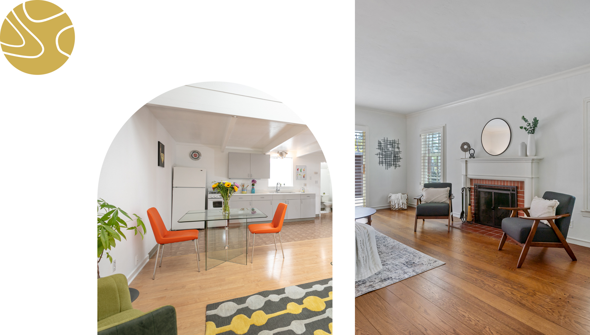 A living room with a fireplace and a dining room with a table and chairs.