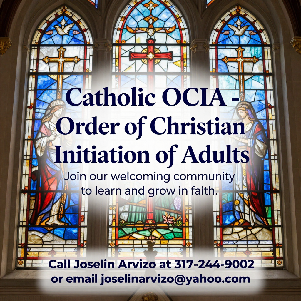Catholic OCIA sign with invitation text, contact phone number, and email on a white poster.