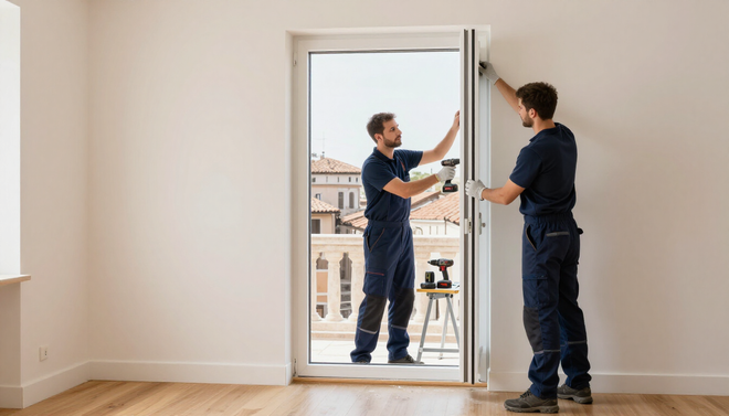 Due operai installano una porta a vetri in una stanza luminosa e vuota con vista sulla città.