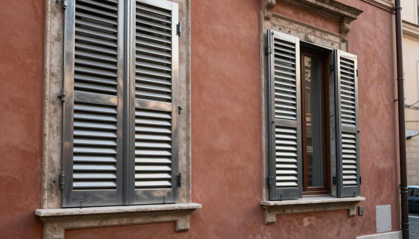 Due finestre con persiane bianche scrostate su un muro di stucco rosa sbiadito