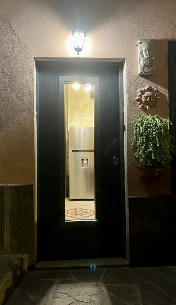 Ingresso dell'appartamento illuminato con porta nera, interni luminosi visibili e piante sospese accanto alla porta.