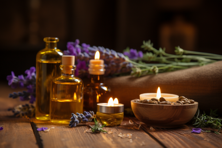 Lavender oil bottles and lit candles on a rustic wooden table with purple flowers