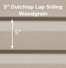 Close-up of beige 5-inch Dutchlap lap siding with woodgrain texture and dimension arrows.
