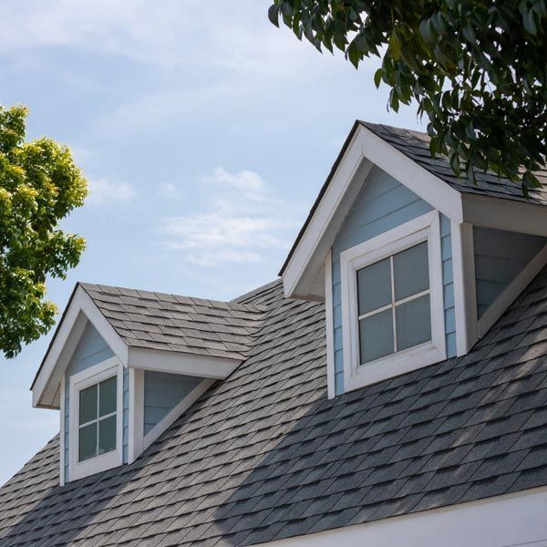 Gray shingled house roof with two dormer windows beneath a blue sky and tree leaves