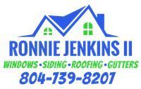 Ronnie Jenkins II logo with blue house roof and green windows; windows, siding, roofing, gutters, and phone 804-739-8207