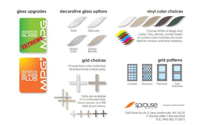 Brochure showing glass upgrade, decorative glass, vinyl color, grid, and pattern options