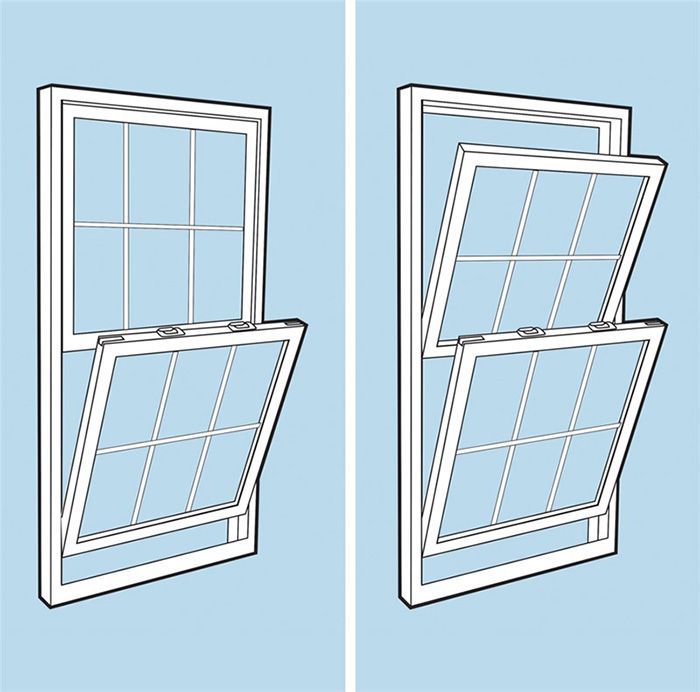 Two illustrations of a double-hung window showing different tilt-open positions.