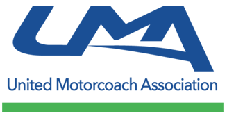 Blue UMA logo above the words "United Motorcoach Association" on a white background, with a green bar at the bottom.