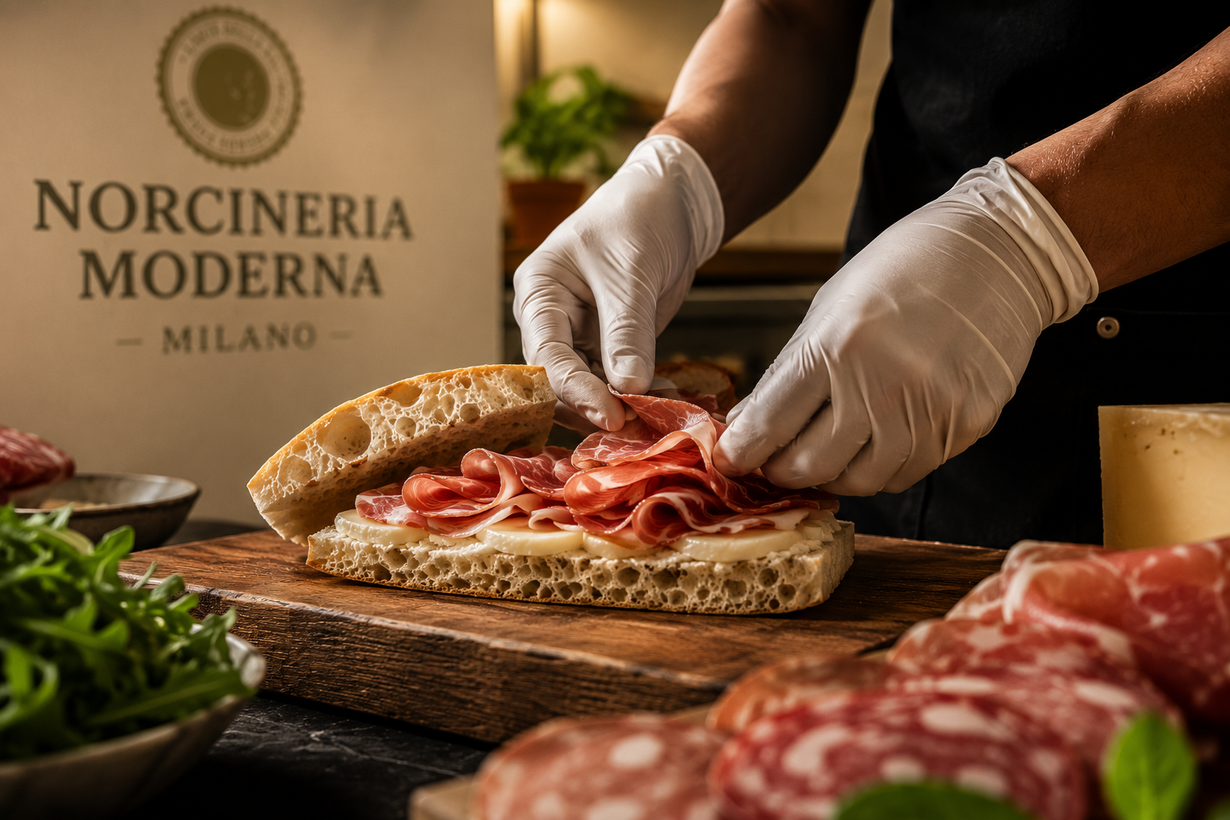 Mani guantate che assemblano un panino con salumi nella cucina di una gastronomia, con l'insegna della Norcineria Moderna Milano nelle vicinanze.