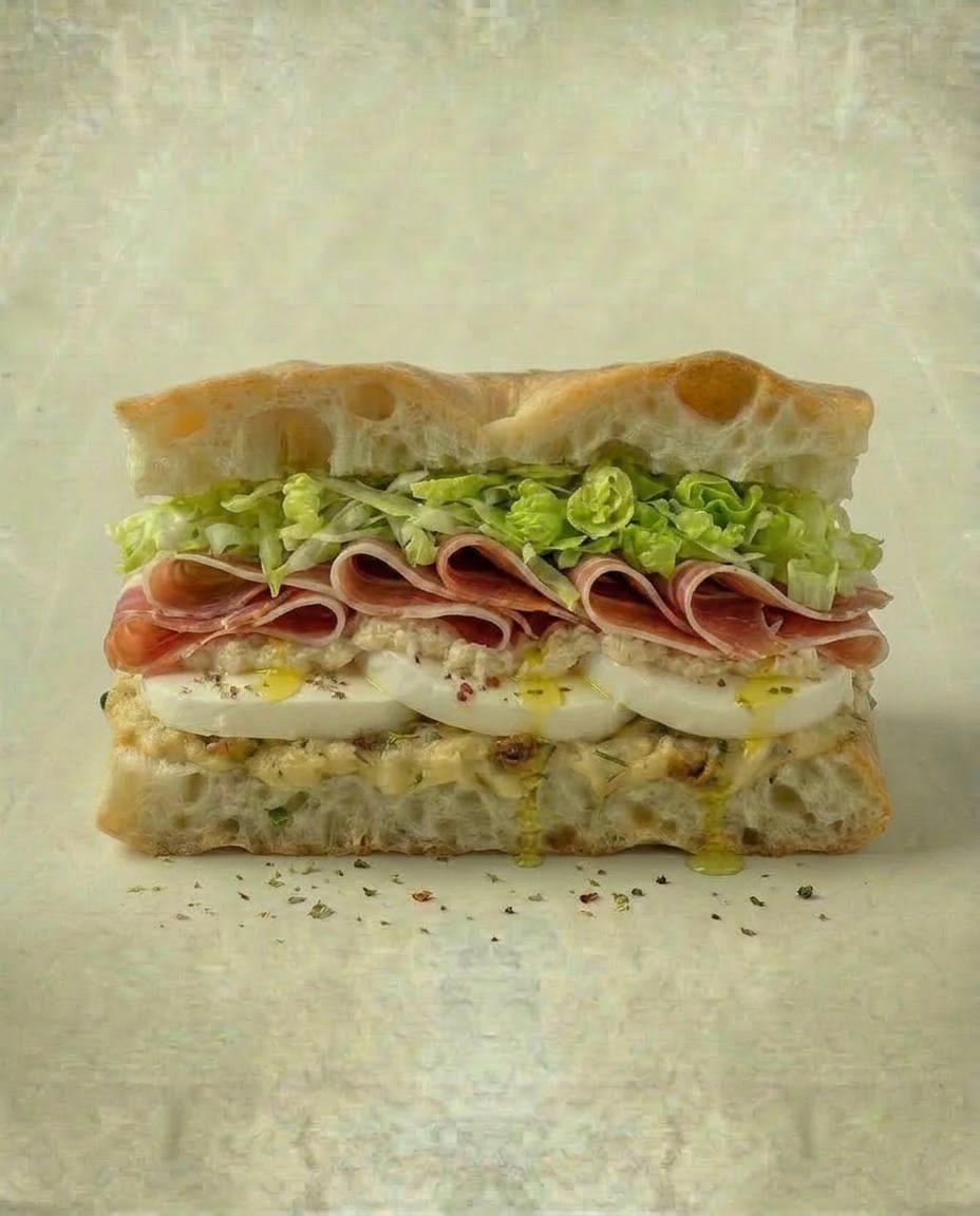Panino a strati con carne, lattuga e formaggio su sfondo chiaro