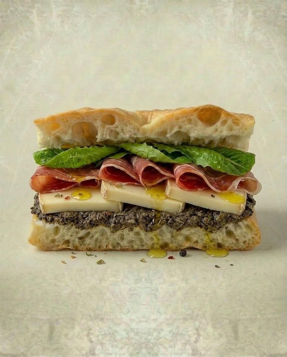 Primo piano di un panino farcito con lattuga, pomodoro, formaggio e salumi su pane