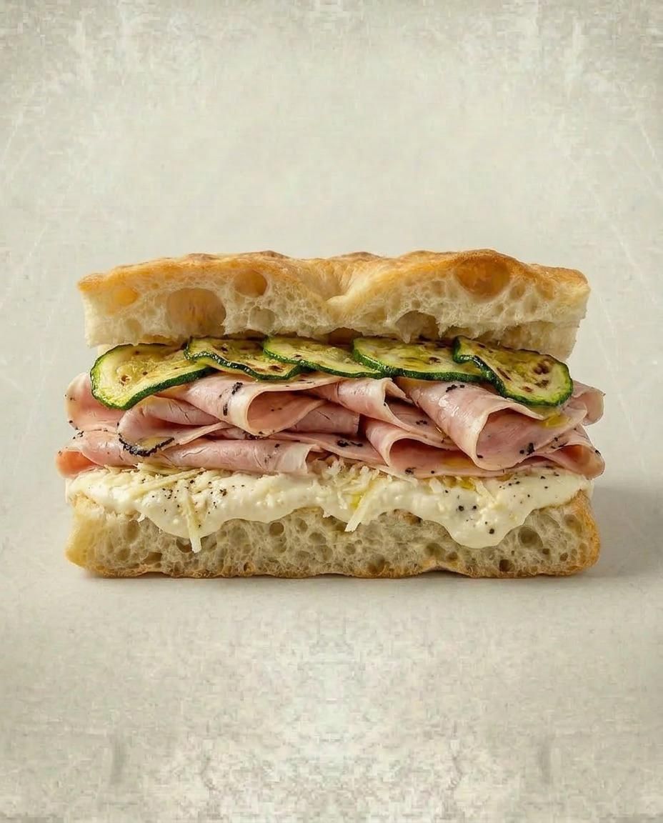 Panino a strati con prosciutto, avocado e ripieno cremoso su pane rustico, su sfondo chiaro.
