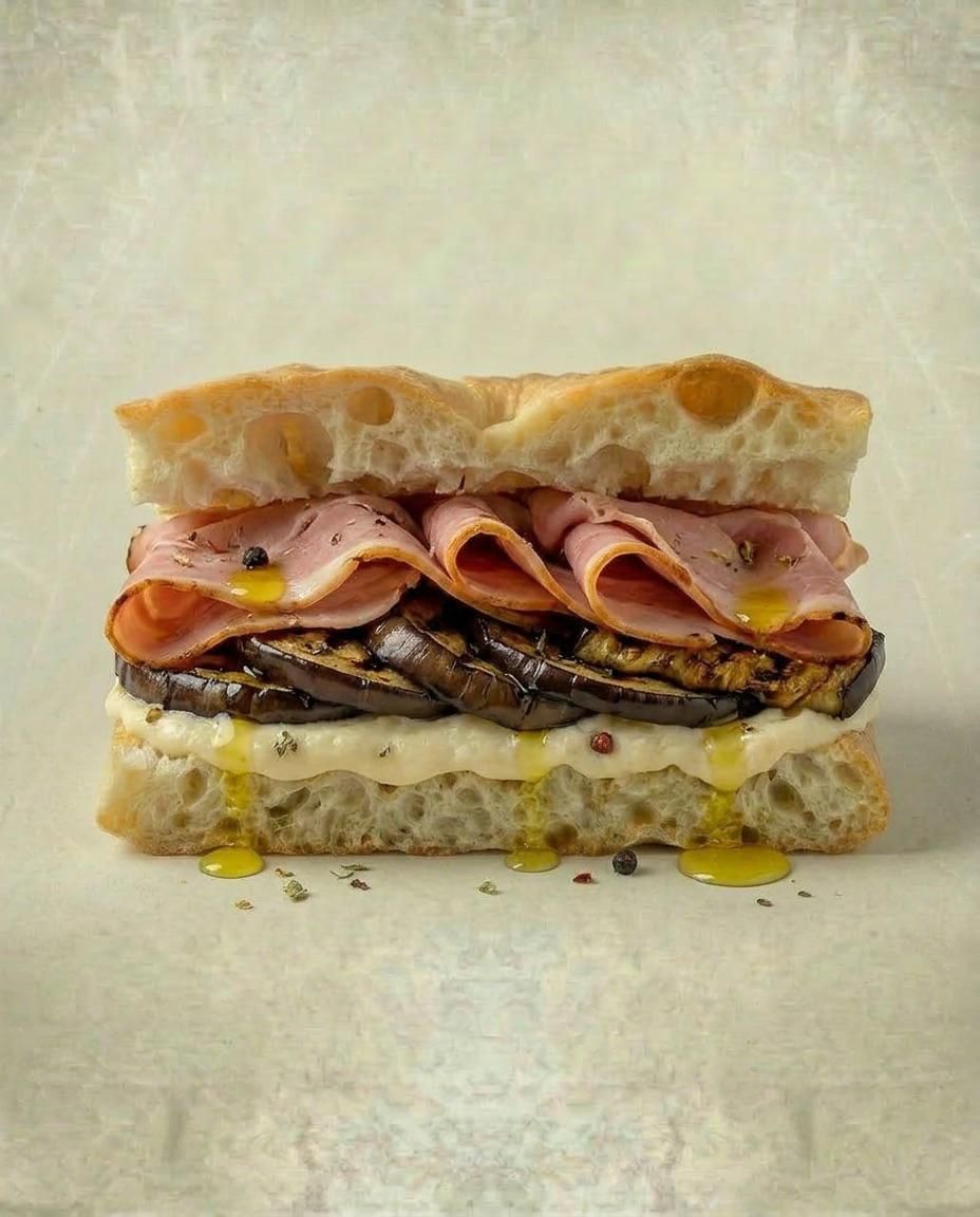 Panino a strati con prosciutto, formaggio fuso e salsa su una superficie bianca