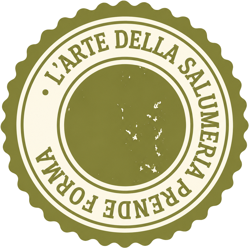 Olive-green circular salami logo with scalloped edge and text “L’ARTE DELLA SALUMERIA PRENDE FORMA”