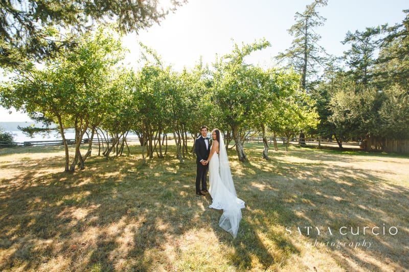 A bride and groom are standing in a field surrounded by trees.