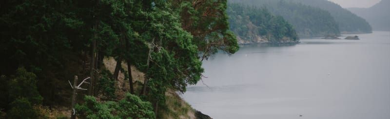 A large body of water surrounded by trees and mountains.