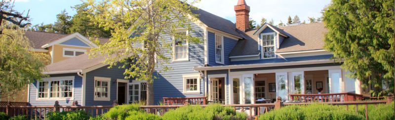 A large blue house with a red chimney is surrounded by trees.
