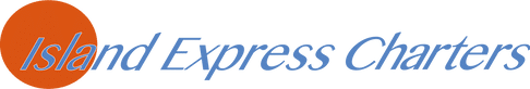 A blue and orange logo for island express charters