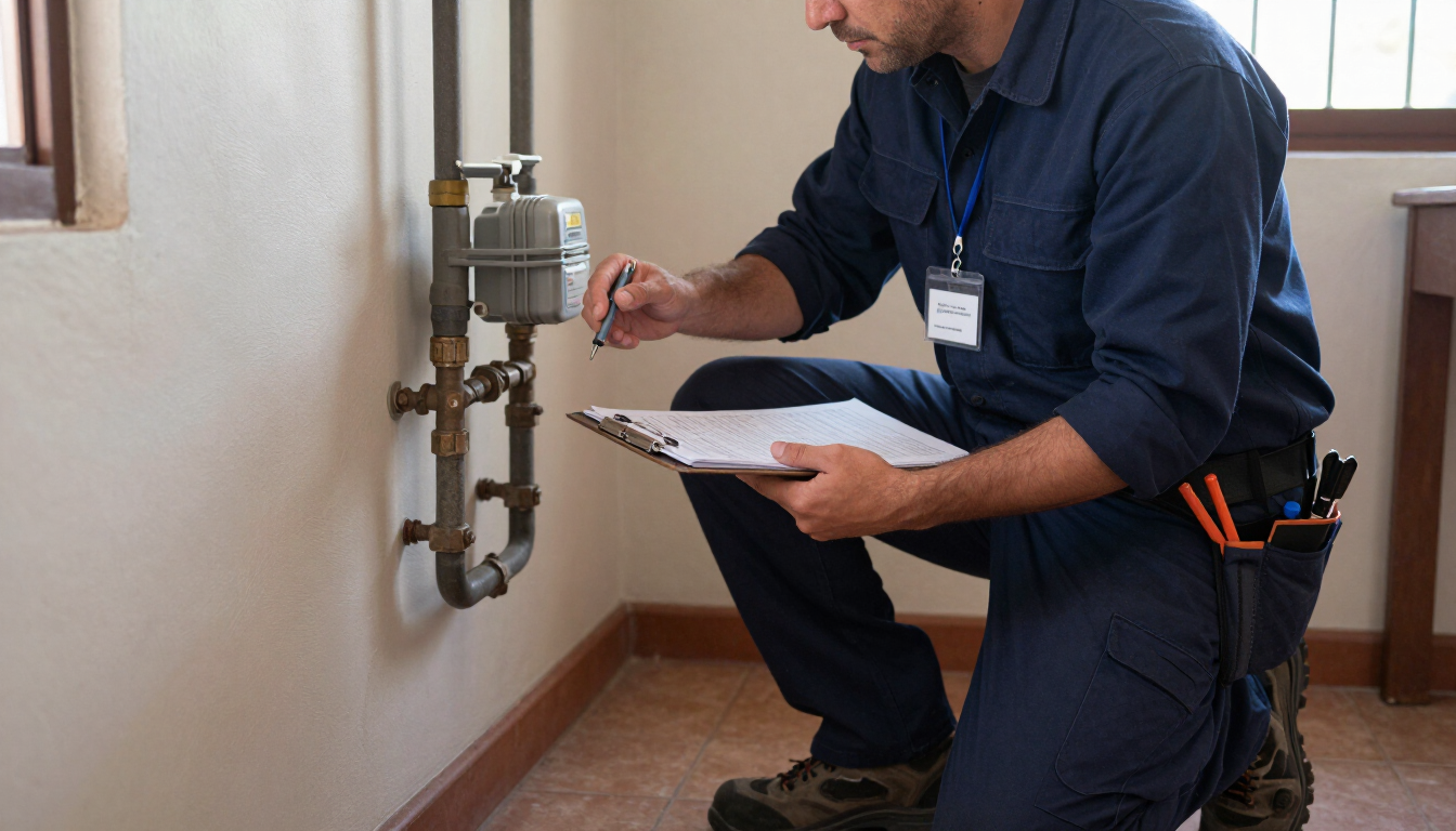 Técnico inspeccionando las tuberías de una pared con una carpeta en una habitación