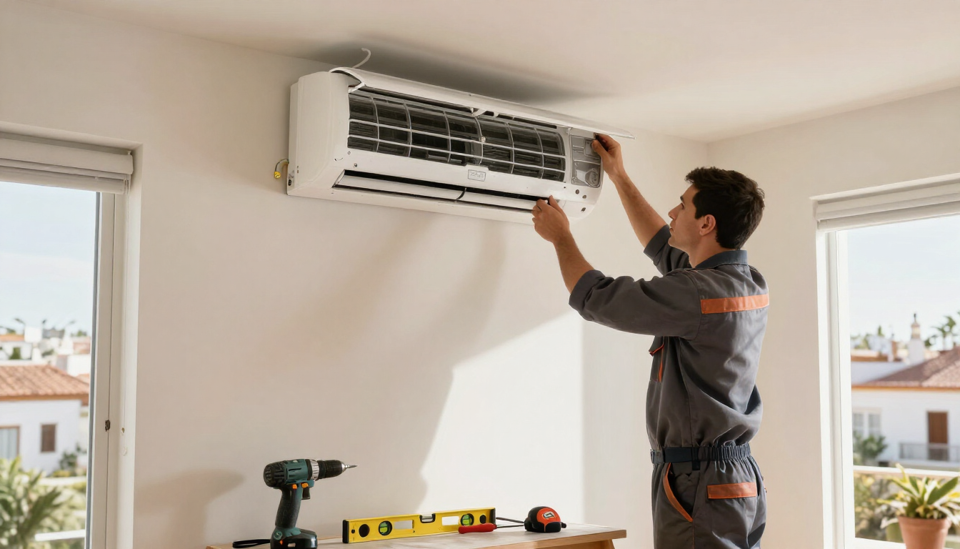 Un técnico ajustando un aire acondicionado de pared en una habitación luminosa con ventanas.