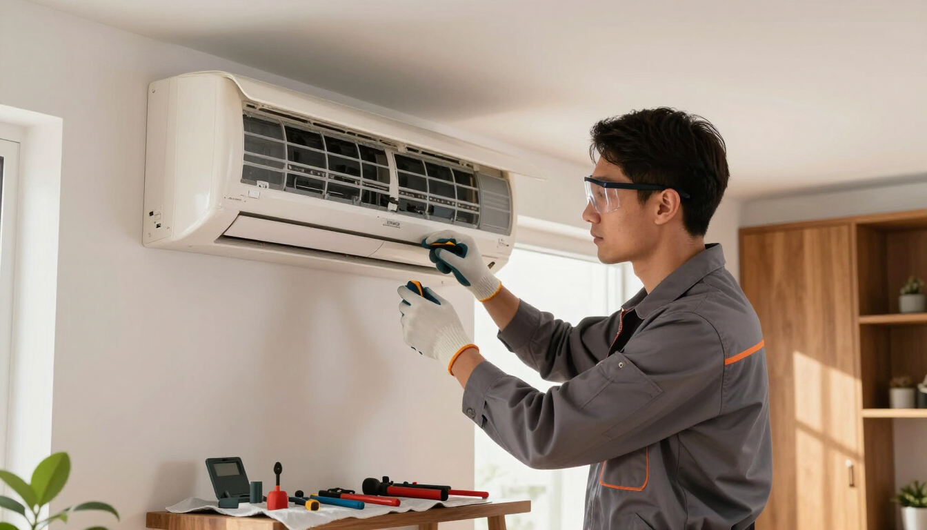 Técnico reparando un aire acondicionado de pared con herramientas en una habitación luminosa