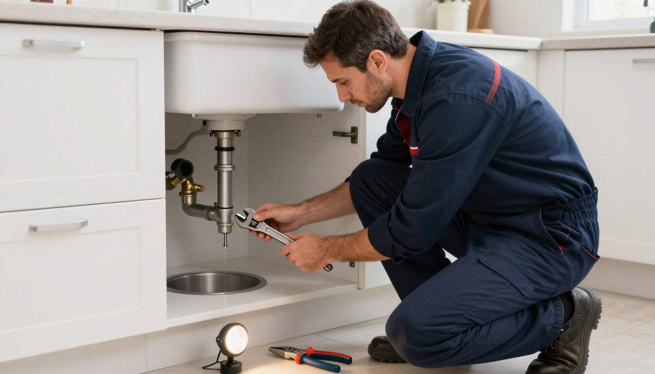 Fontanero reparando las tuberías del fregadero debajo de un mueble de cocina blanco, con herramientas cerca