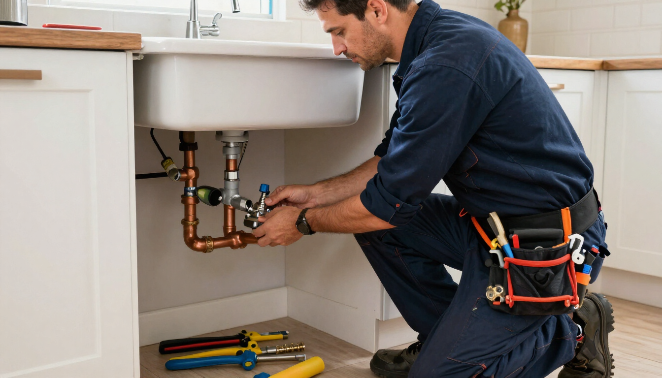 Fontanero reparando las tuberías del lavabo bajo un mueble de baño, con herramientas cerca
