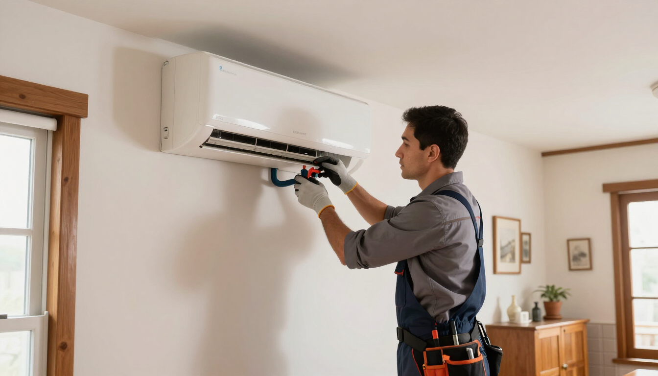 Un técnico reparando un aire acondicionado de pared en un interior luminoso.